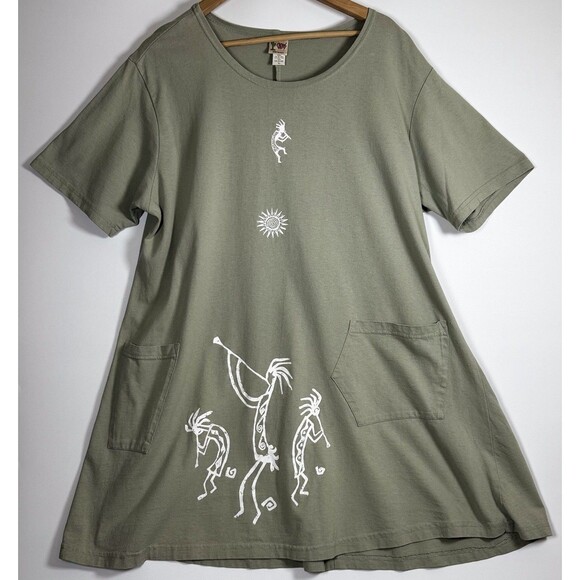 Vintage Cactus California Tunic Dress Womens XL Green Kokopelli Art Made in USA - Picture 1 of 12